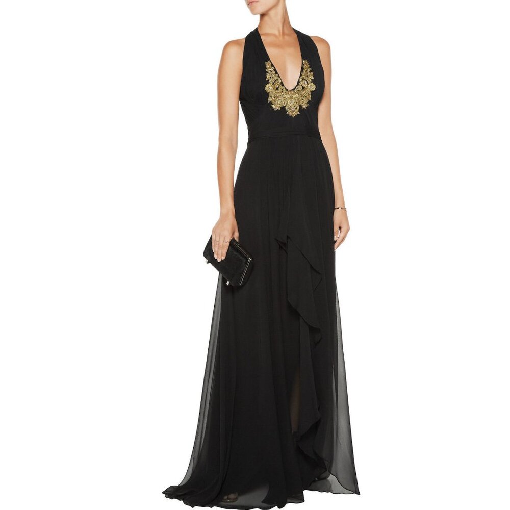 Marchesa Notte Black Embroidered Beaded Halter Gown